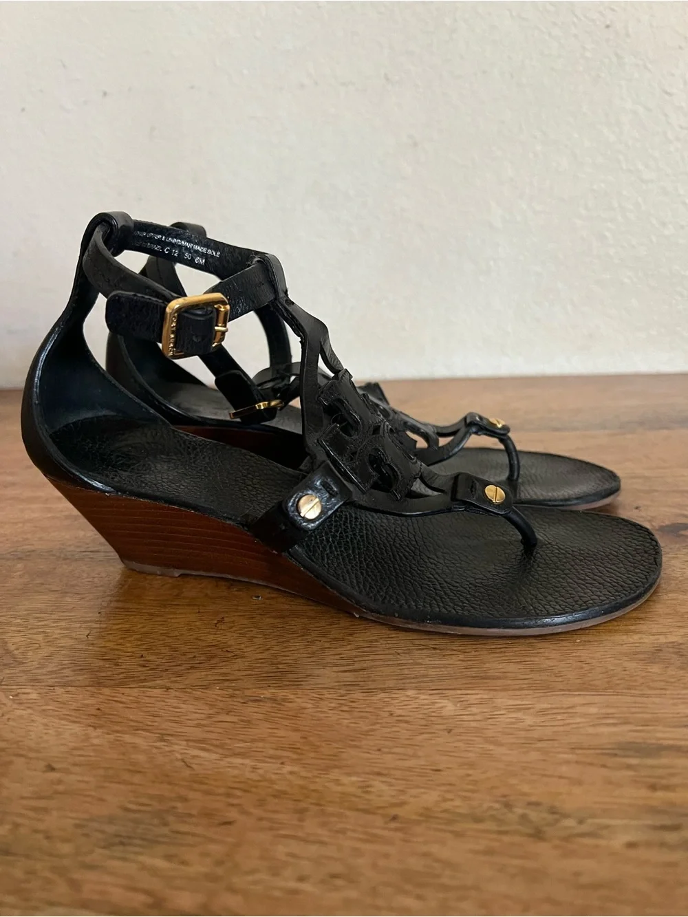 Tory Burch Miller  Black Leather Wedge Strappy Sandal Size 6M